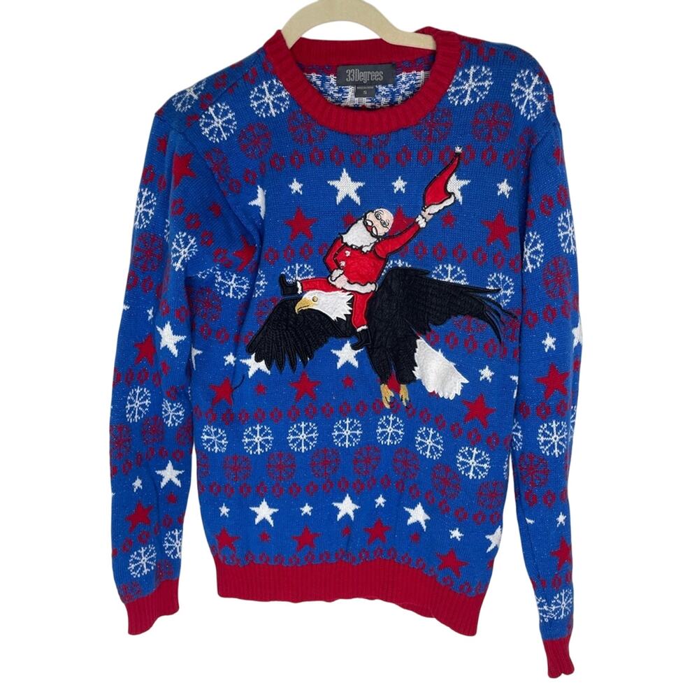 33 Degrees Unisex Blue Christmas Sweater Santa on an Eagle SMALL